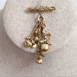 Gold Tone Bar Pear with CZ Dangle Brooch 2.5”